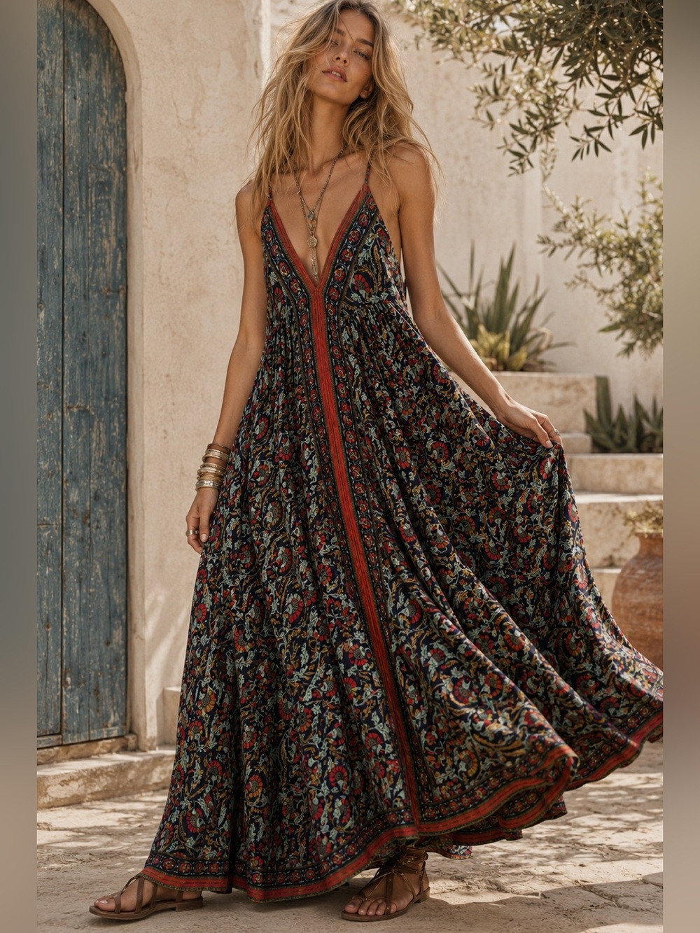 Boho V-Neck Maxi Dress in Multi Floral Print